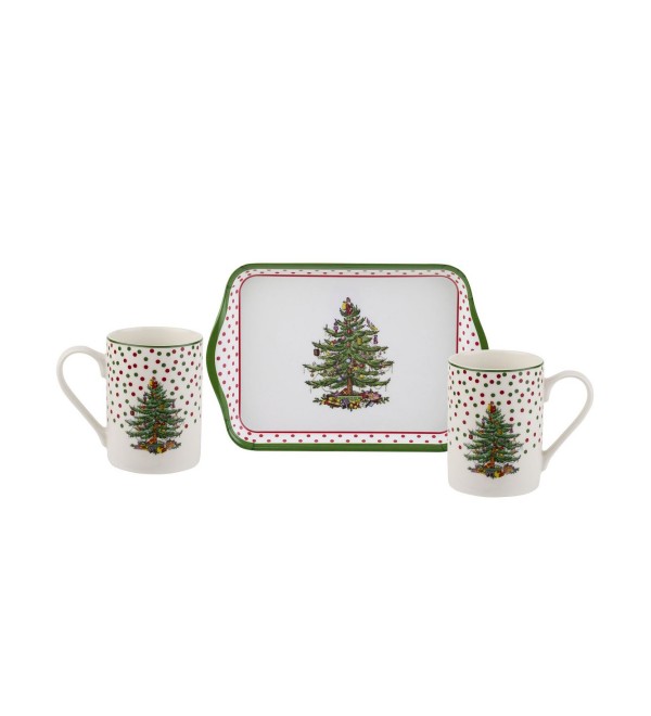 Christmas Tree Polka Dot Mug and Tray Set, 3 Pieces